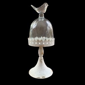 Cloche Antiqued Metal Pedestal Stand Glass  Dome Bird Top Lid 12.25” H x 4.25” W